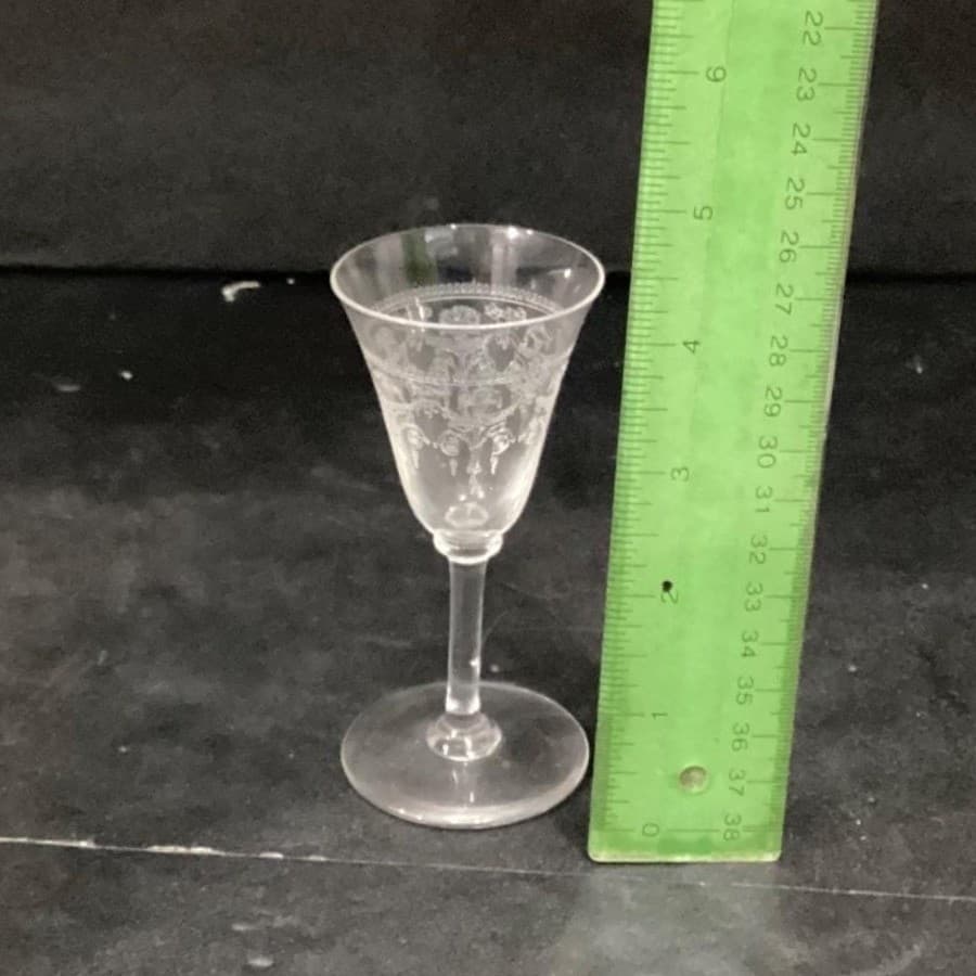 Bryce Glass Sherry Glasses, Set of 2, Vintage Etched Ribbons & Flowers Cordials - Thumbnail 6
