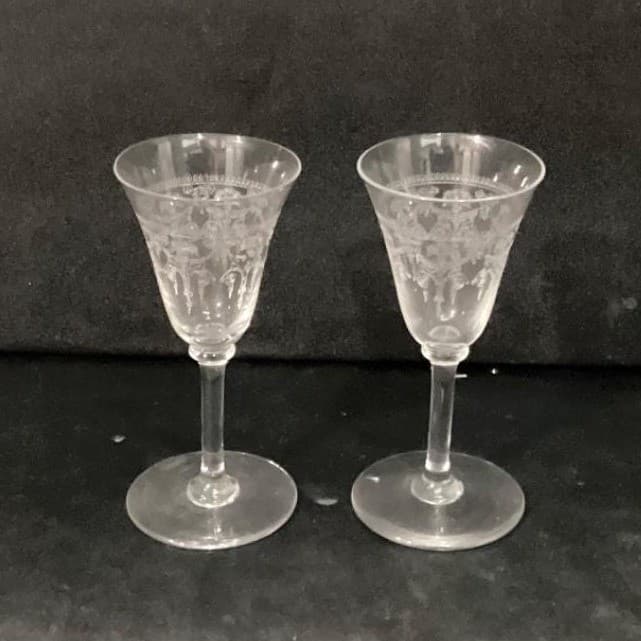 Bryce Glass Sherry Glasses, Set of 2, Vintage Etched Ribbons & Flowers Cordials - Thumbnail 11