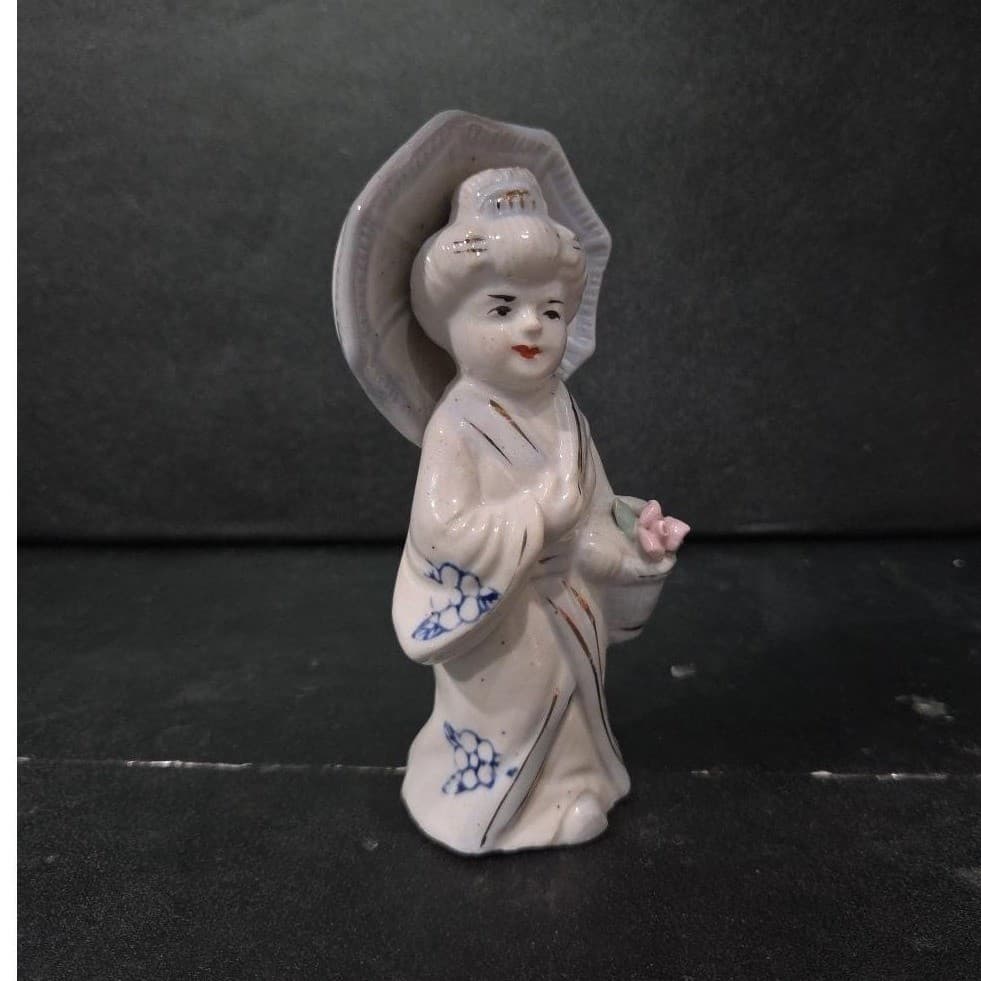 Lady Geisha With Umbrella Porcelain Figurine, Vintage 6" Replacement Statue - Thumbnail 4