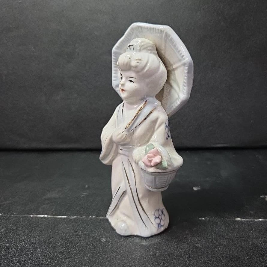 Lady Geisha With Umbrella Porcelain Figurine, Vintage 6" Replacement Statue - Thumbnail 3