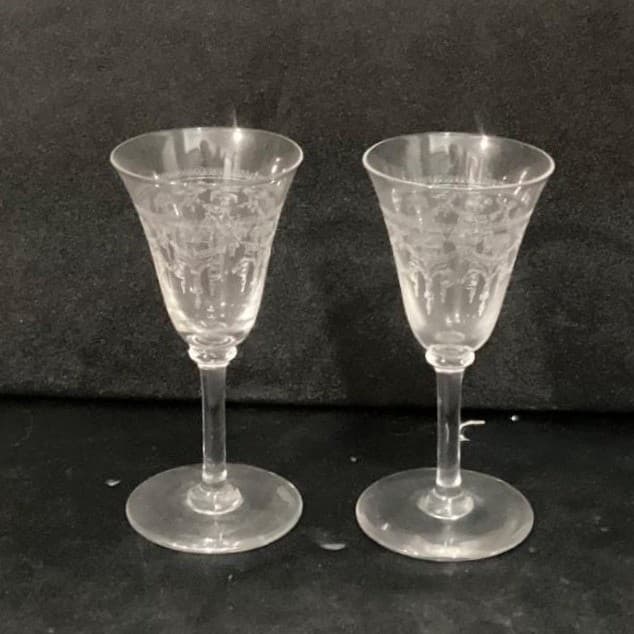 Bryce Glass Sherry Glasses, Set of 2, Vintage Etched Ribbons & Flowers Cordials - Thumbnail 9