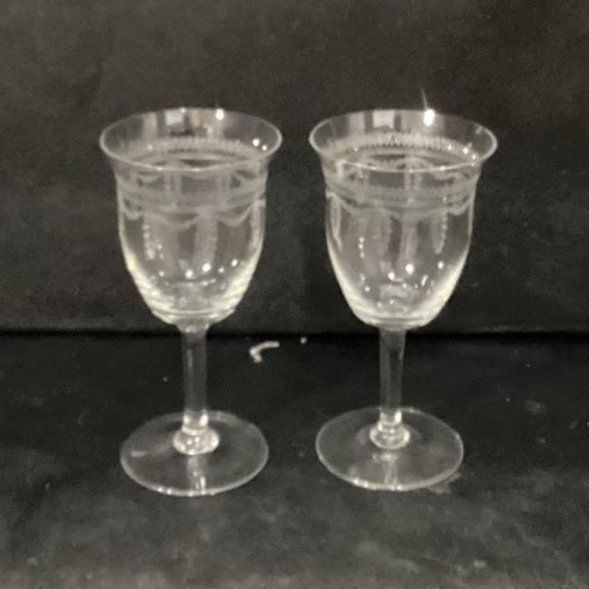 Fostoria Inspired Sherry Glasses, Set of 2, Vintage Geometric Etched Cordials - Thumbnail 11