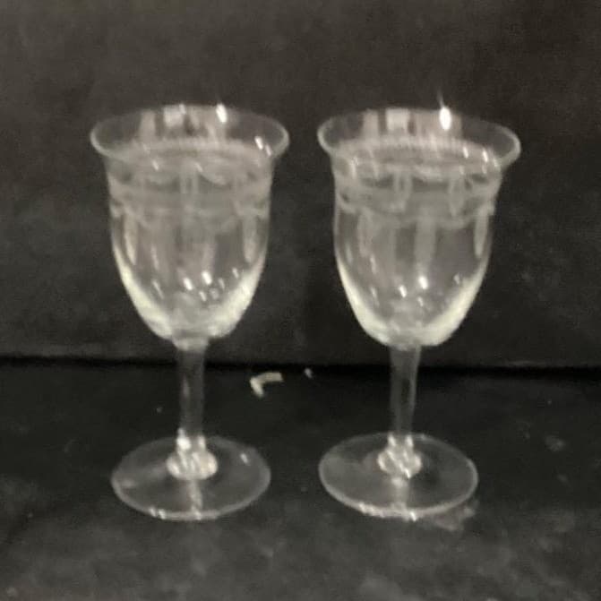 Fostoria Inspired Sherry Glasses, Set of 2, Vintage Geometric Etched Cordials - Thumbnail 10