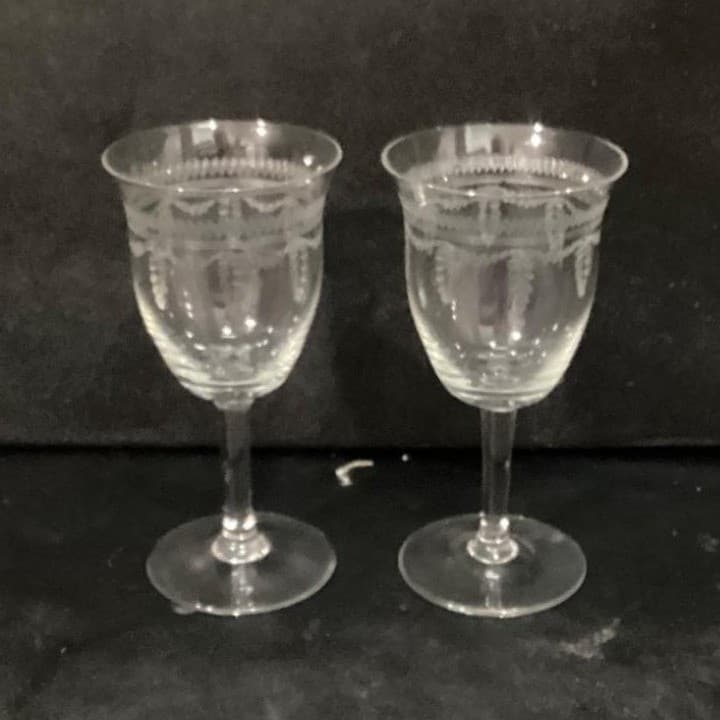 Fostoria Inspired Sherry Glasses, Set of 2, Vintage Geometric Etched Cordials - Thumbnail 8