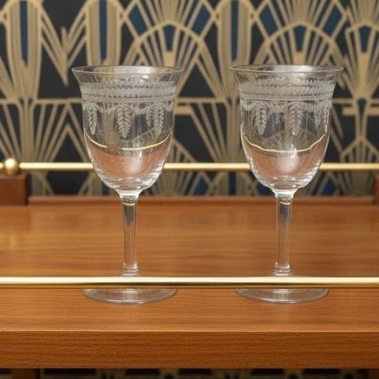 Fostoria Inspired Sherry Glasses, Set of 2, Vintage Geometric Etched Cordials