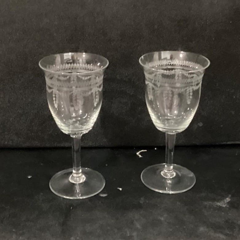 Fostoria Inspired Sherry Glasses, Set of 2, Vintage Geometric Etched Cordials - Thumbnail 2