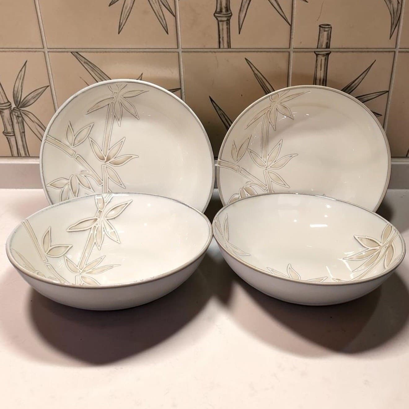Florida Marketplace Bamboo Design Cereal Bowls, Set of 4, Vintage Dinnerware