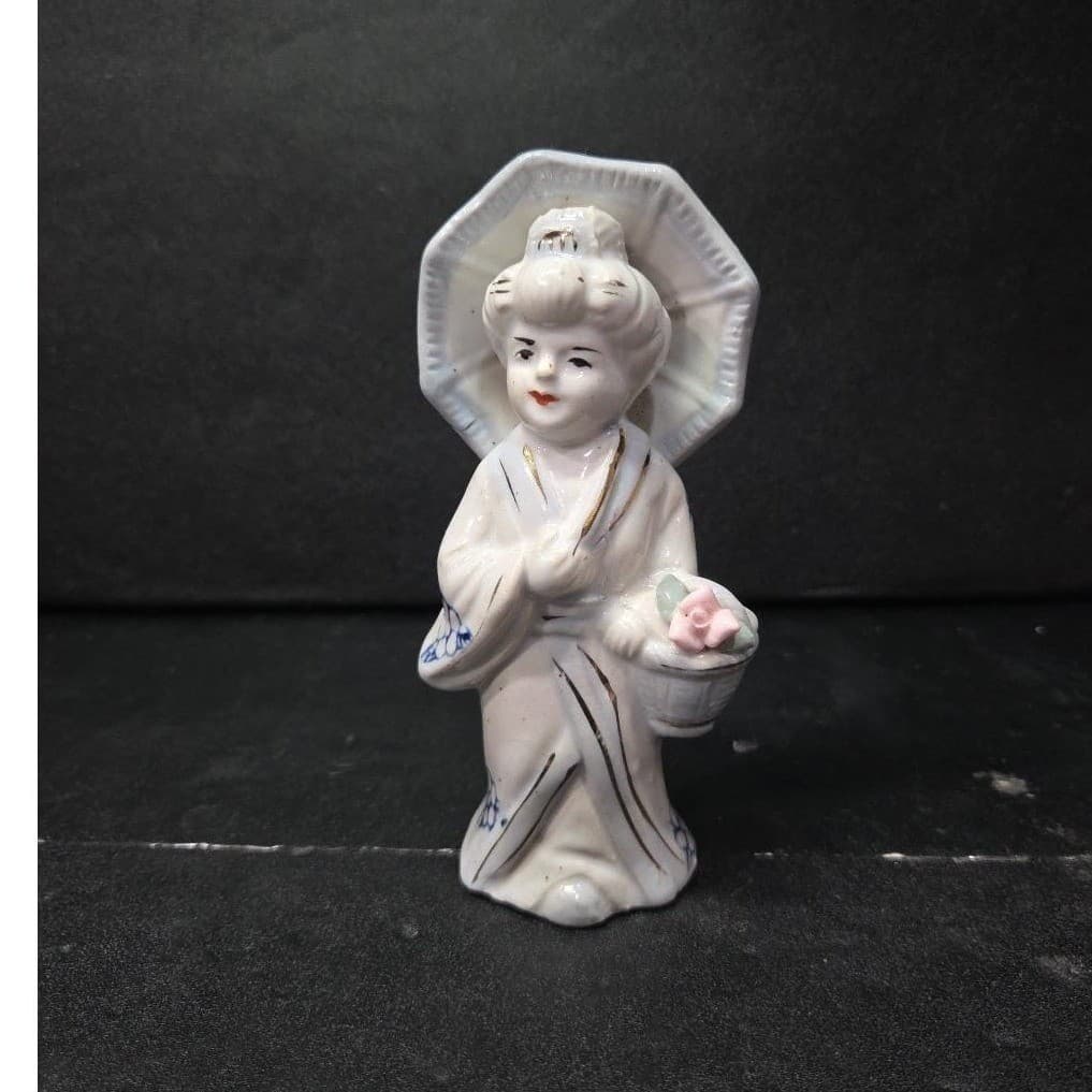 Lady Geisha With Umbrella Porcelain Figurine, Vintage 6" Replacement Statue - Thumbnail 2