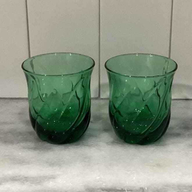 Anchor Hocking Emerald Green Lowball Tumblers, Set of 2, Vintage Rocks Glasses - Thumbnail 2