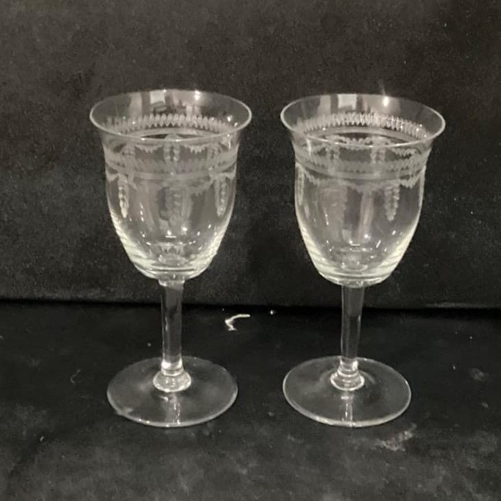 Fostoria Inspired Sherry Glasses, Set of 2, Vintage Geometric Etched Cordials - Thumbnail 9