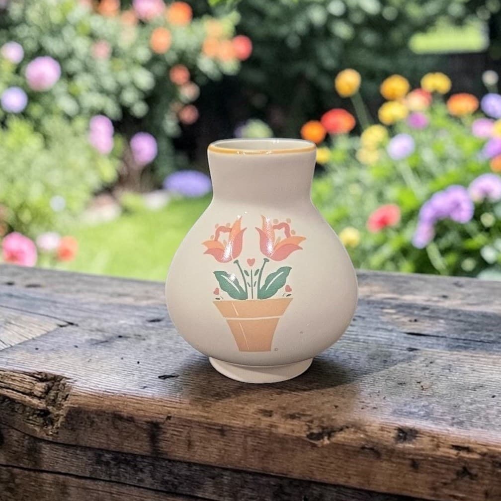 Pink Floral Design Cream Bud Vase, Teardrop Shape Footed Planter, Mantel Decor