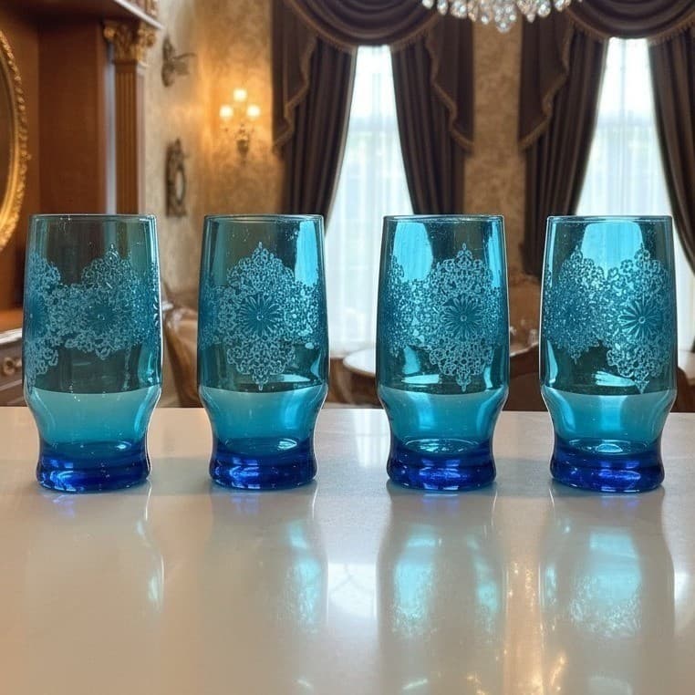 Anchor Hocking Chateau Pattern Tumblers, Set of 4, Vintage Turquoise Glasses