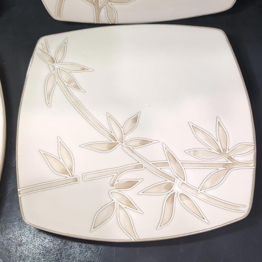 Florida Marketplace Bamboo Design Dinner Plate, Set of 4, Vintage Square Dishes - Thumbnail 3