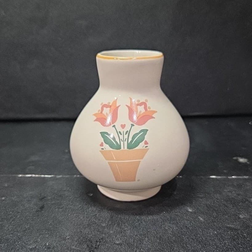 Pink Floral Design Cream Bud Vase, Teardrop Shape Footed Planter, Mantel Decor - Thumbnail 2