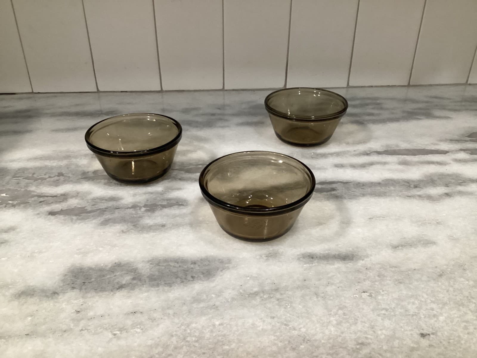 Anchor Hocking Vintage Custard Cups 6 oz #1034 Smoked Brown Tan Glass Lot Of 3