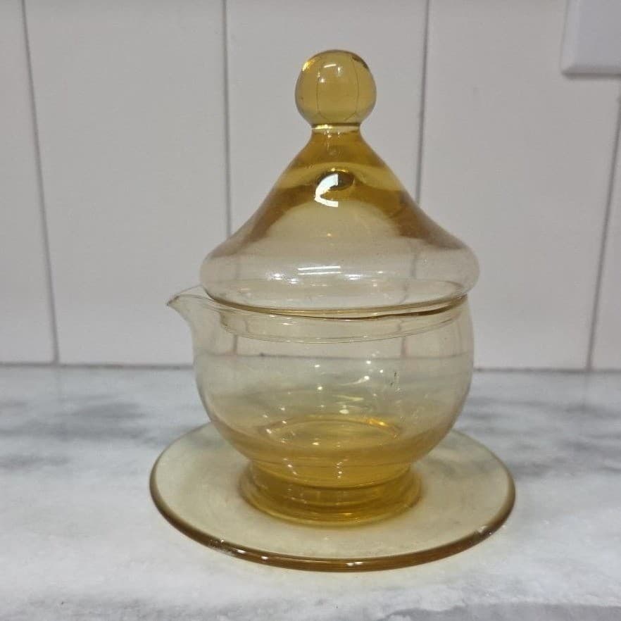 Indiana Glass Amber Gravy Boat, Vintage Tiara Sandwich Lidded Creamer Underplate - Thumbnail 2