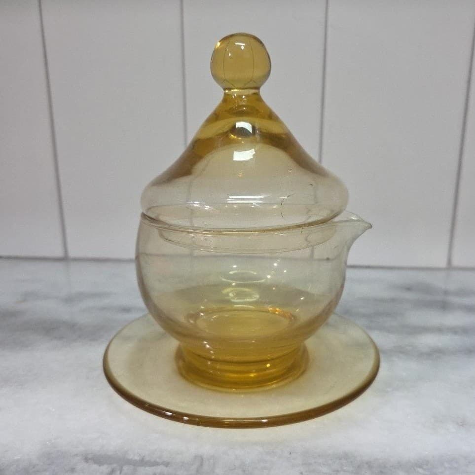 Indiana Glass Amber Gravy Boat, Vintage Tiara Sandwich Lidded Creamer Underplate - Thumbnail 3