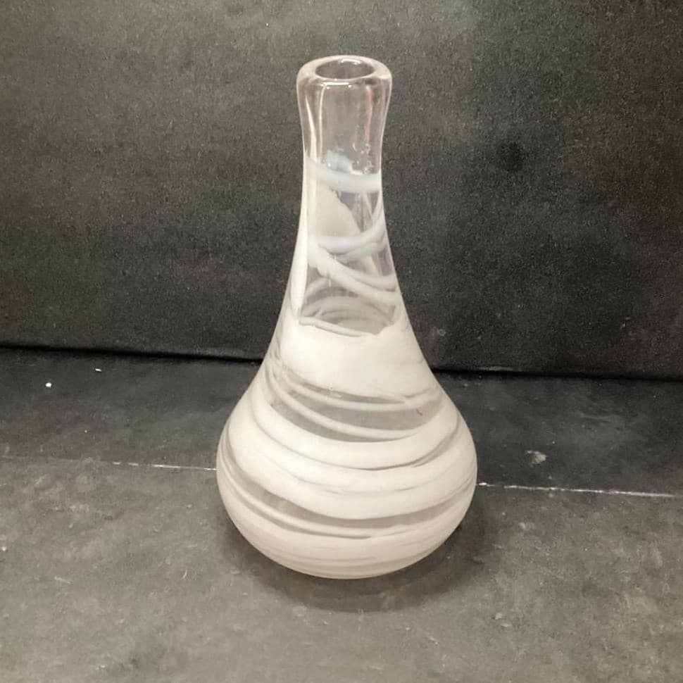 Mid Century Style Weed Vase, White & Clear Swirled Design, Hand Blown Art Glass - Thumbnail 2