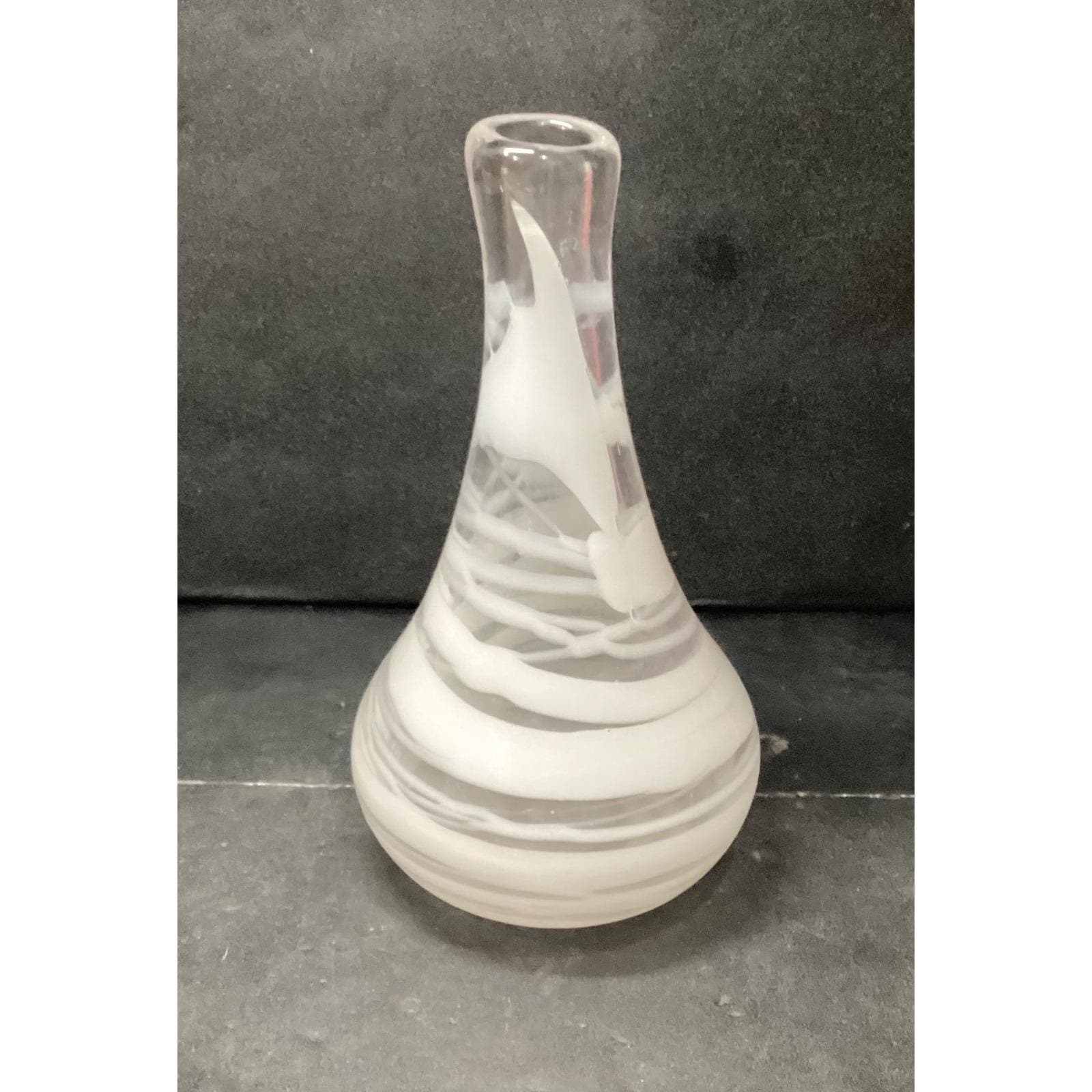 Mid Century Style Weed Vase, White & Clear Swirled Design, Hand Blown Art Glass - Thumbnail 3