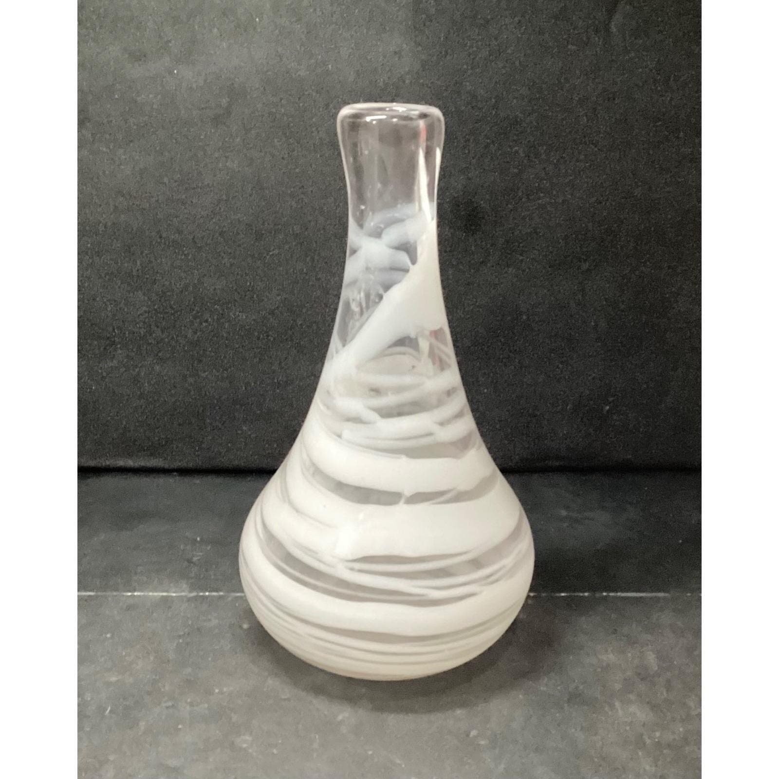 Mid Century Style Weed Vase, White & Clear Swirled Design, Hand Blown Art Glass - Thumbnail 4