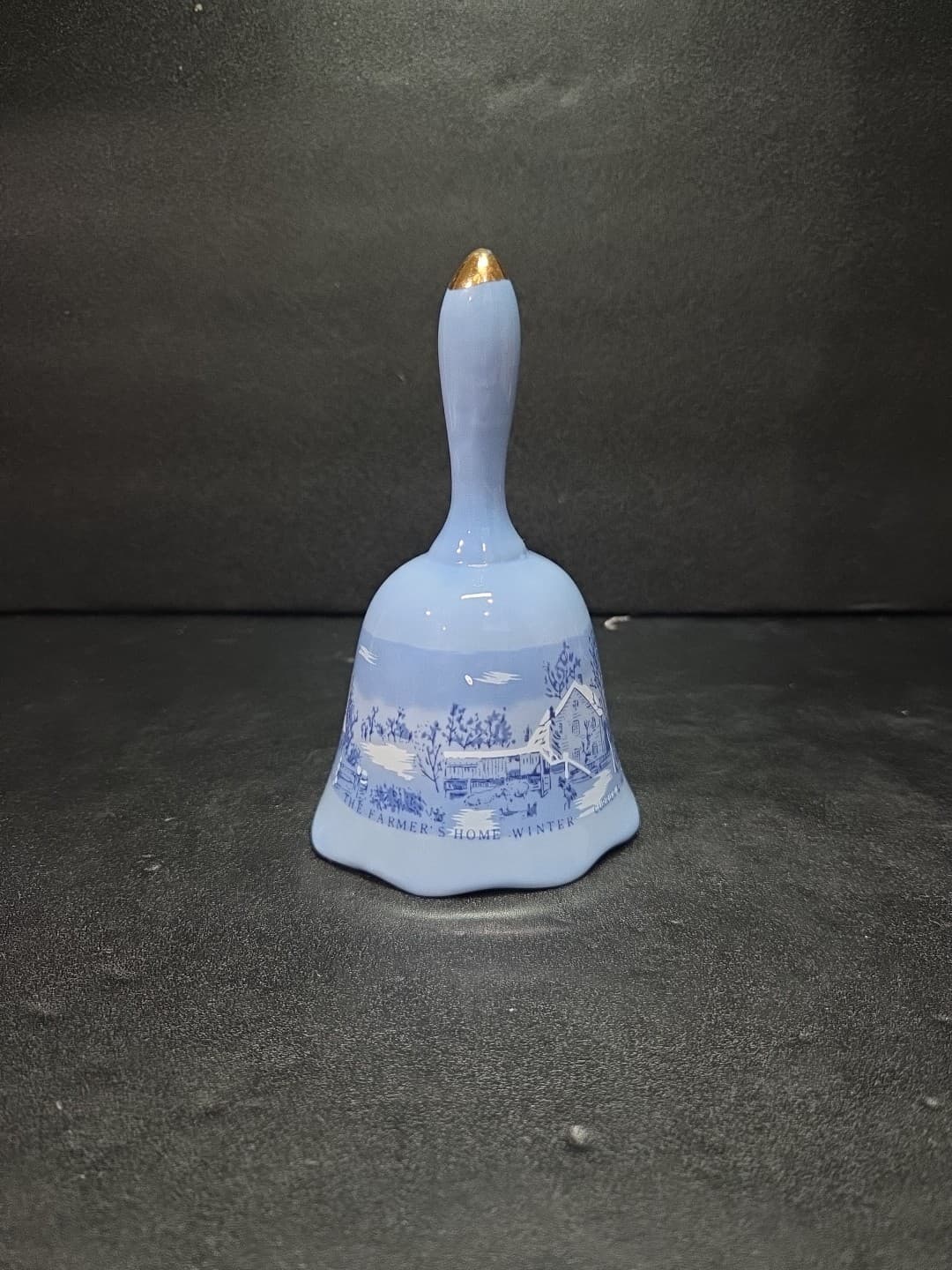 Currier & Ives Dinner Bell The Old Homestead In Winter Blue Ceramic Vintage - Thumbnail 3
