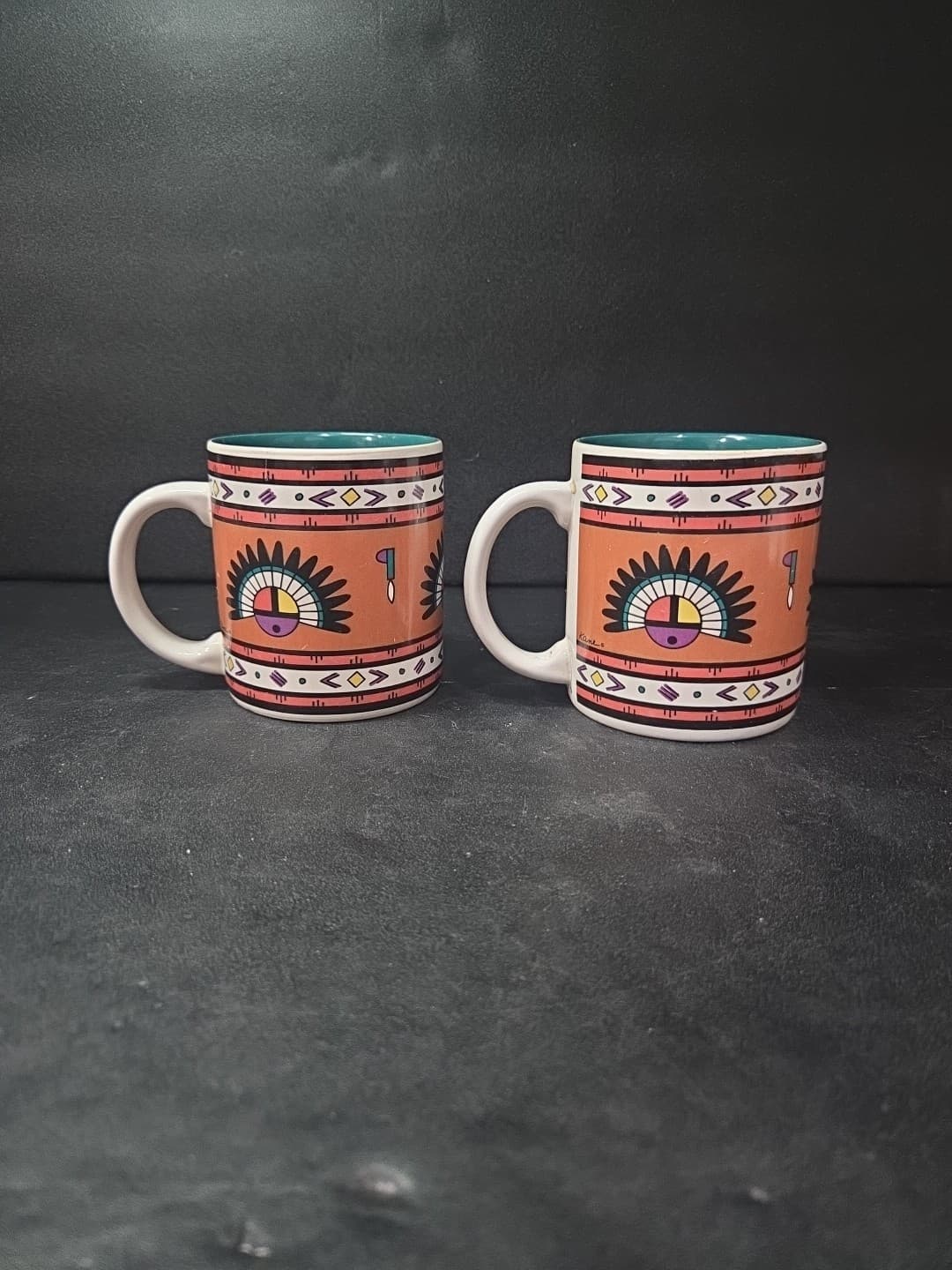 Southwest Aztec Cactus Mugs, Set of 2 Coffee Cups, Vintage Native American Decor - Thumbnail 3