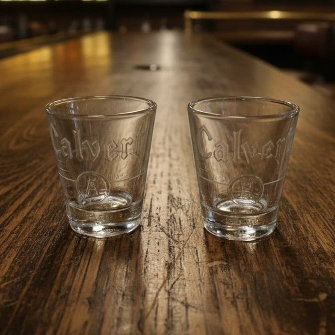 Calvert Whiskey Shot Glasses, Set of 2, Vintage A-B Taste Testing Design