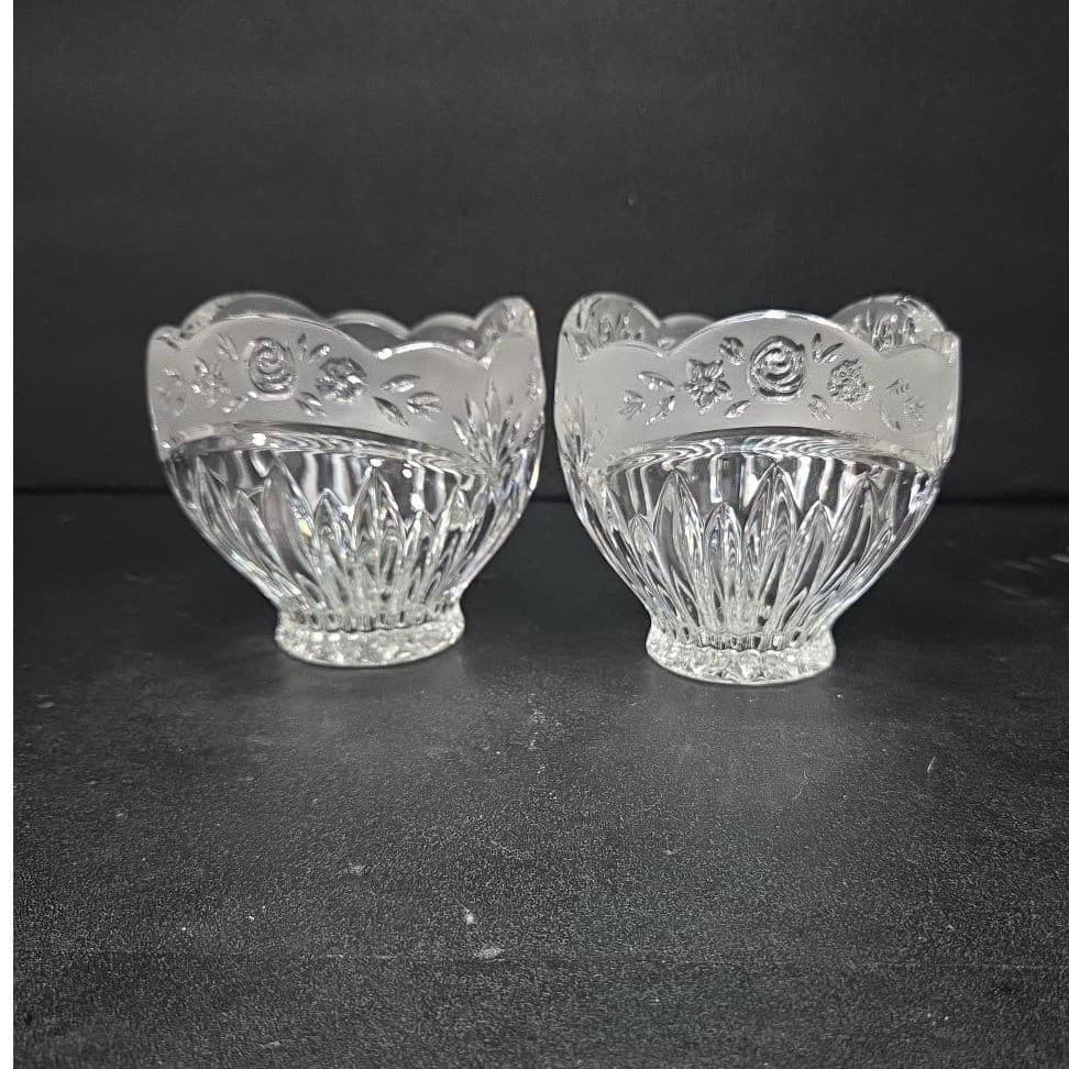 Oneida Southern Garden Crystal Votives, Set of 2, Vintage Frosted Rose Design - Thumbnail 4