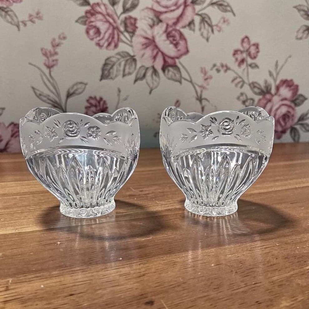Oneida Southern Garden Crystal Votives, Set of 2, Vintage Frosted Rose Design