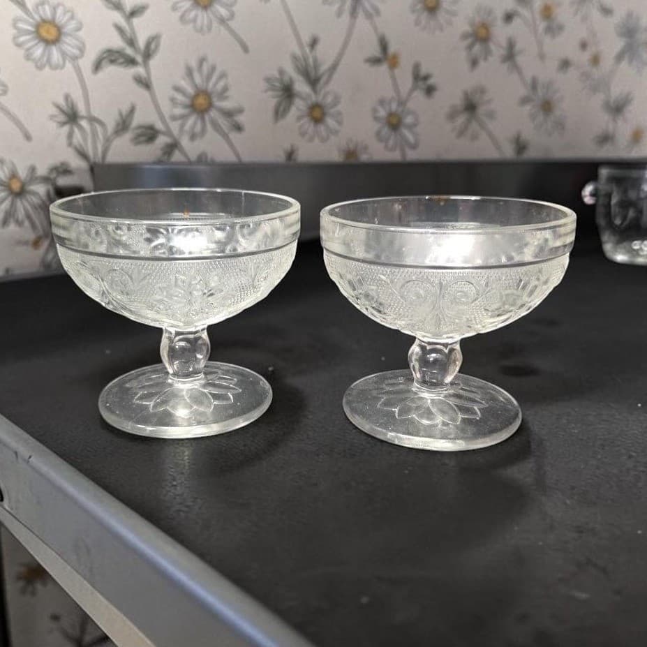 Indiana Glass Sandwich Champagne Coupes, Set of 2, Vintage Knob Stem Bowls
