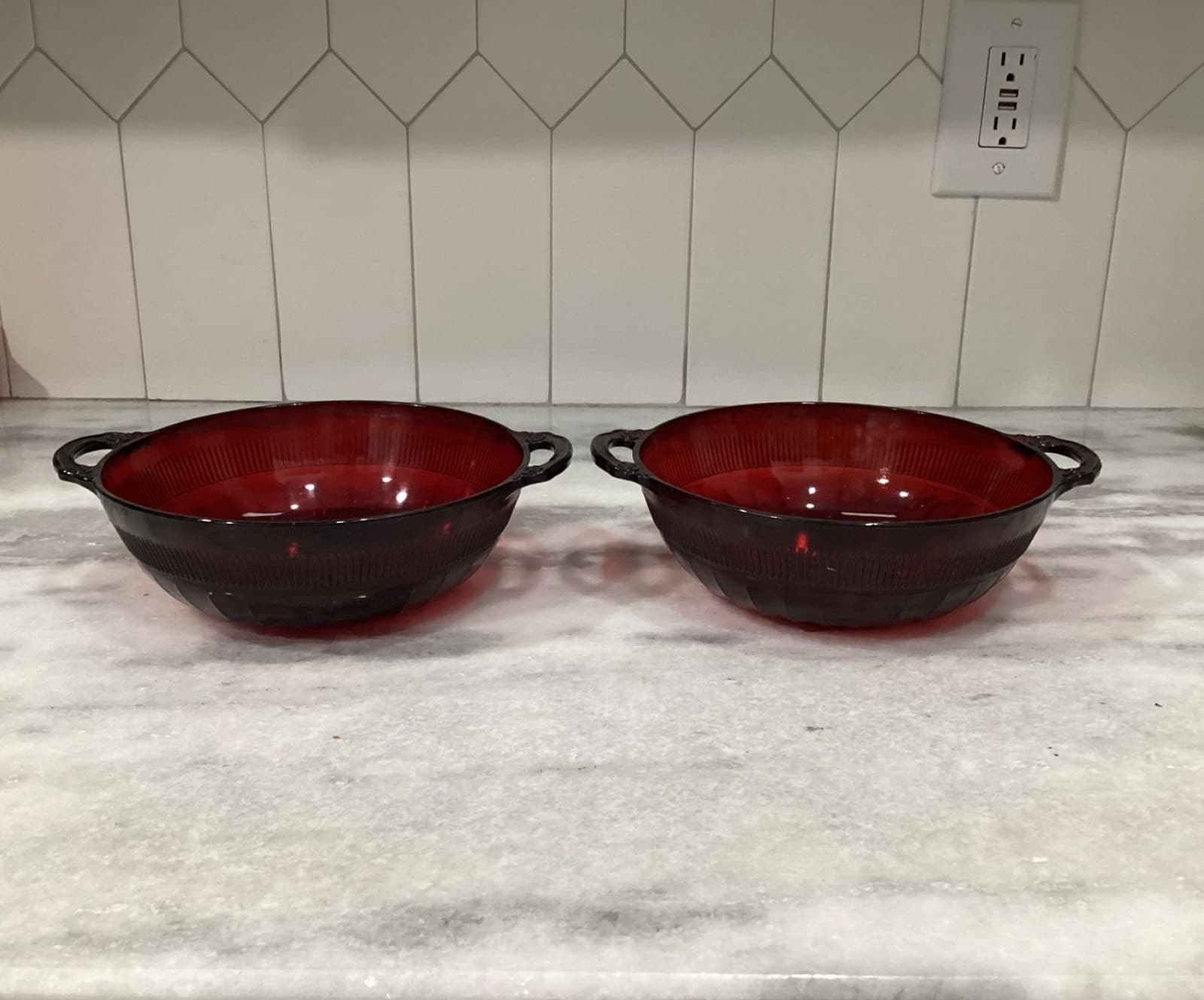 Vintage Anchor Hocking Red Glass 8" Royal Ruby Coronation Handled 2 Serving Bowl - Thumbnail 2