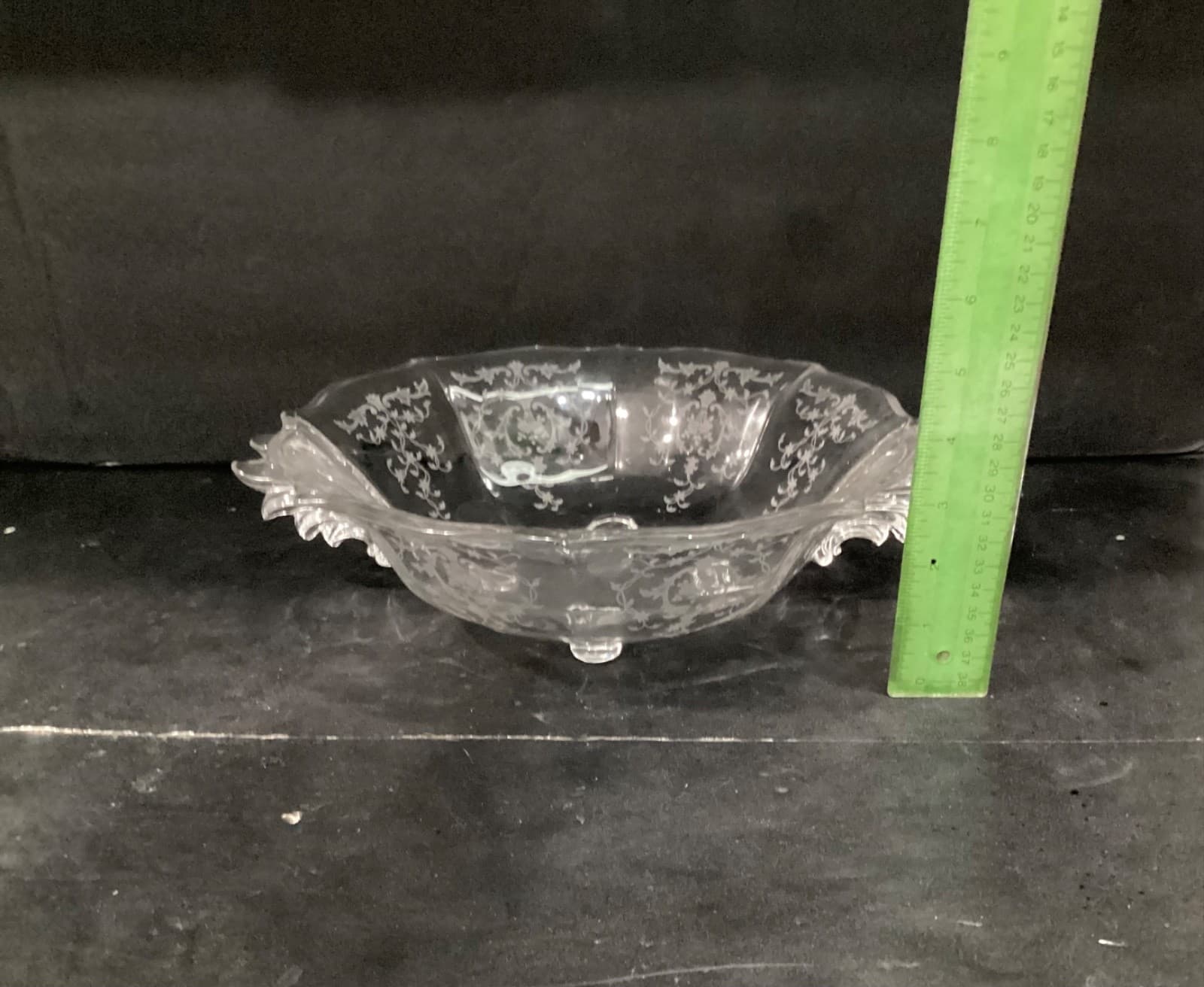 Fostoria Navarre Etched Crystal Glass Bowl with Flame Handles Vintage * - Thumbnail 5