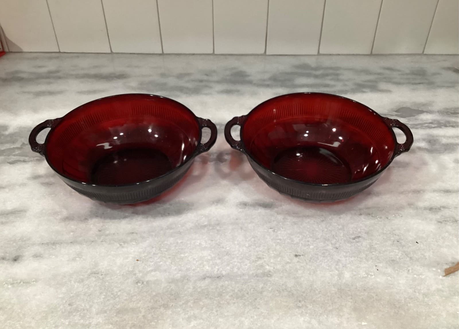 Vintage Anchor Hocking Red Glass 8" Royal Ruby Coronation Handled 2 Serving Bowl - Thumbnail 3