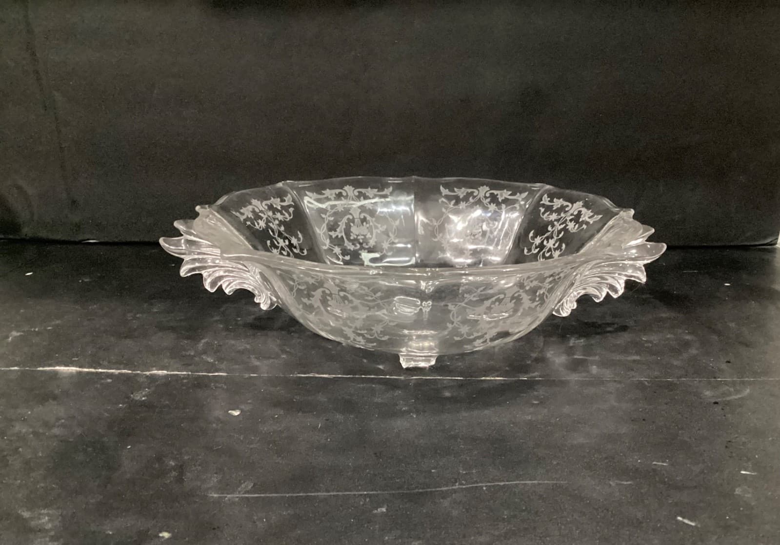 Fostoria Navarre Etched Crystal Glass Bowl with Flame Handles Vintage * - Thumbnail 8