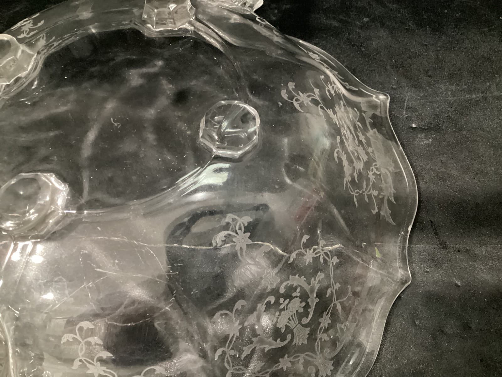 Fostoria Navarre Etched Crystal Glass Bowl with Flame Handles Vintage * - Thumbnail 10