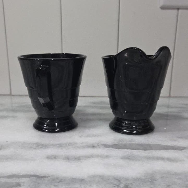 Black Glass Creamer and Sugar Set, Vintage Greek Revival Style Tableware, Decor - Thumbnail 5