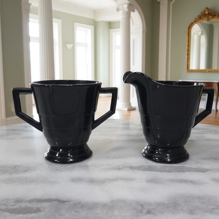 Black Glass Creamer and Sugar Set, Vintage Greek Revival Style Tableware, Decor