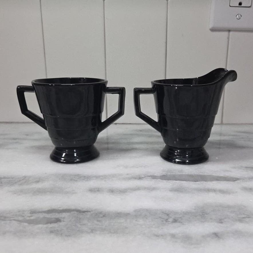 Black Glass Creamer and Sugar Set, Vintage Greek Revival Style Tableware, Decor - Thumbnail 4
