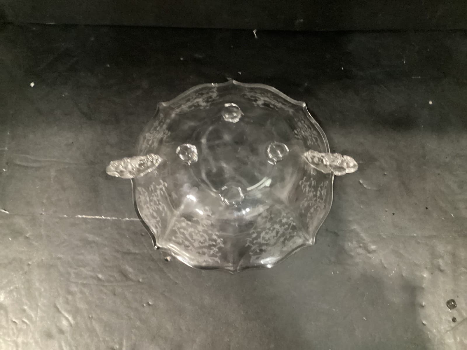Fostoria Navarre Etched Crystal Glass Bowl with Flame Handles Vintage * - Thumbnail 4