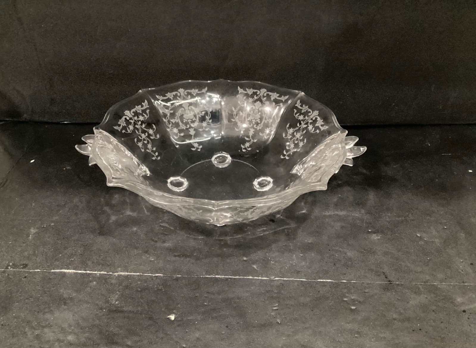 Fostoria Navarre Etched Crystal Glass Bowl with Flame Handles Vintage * - Thumbnail 2