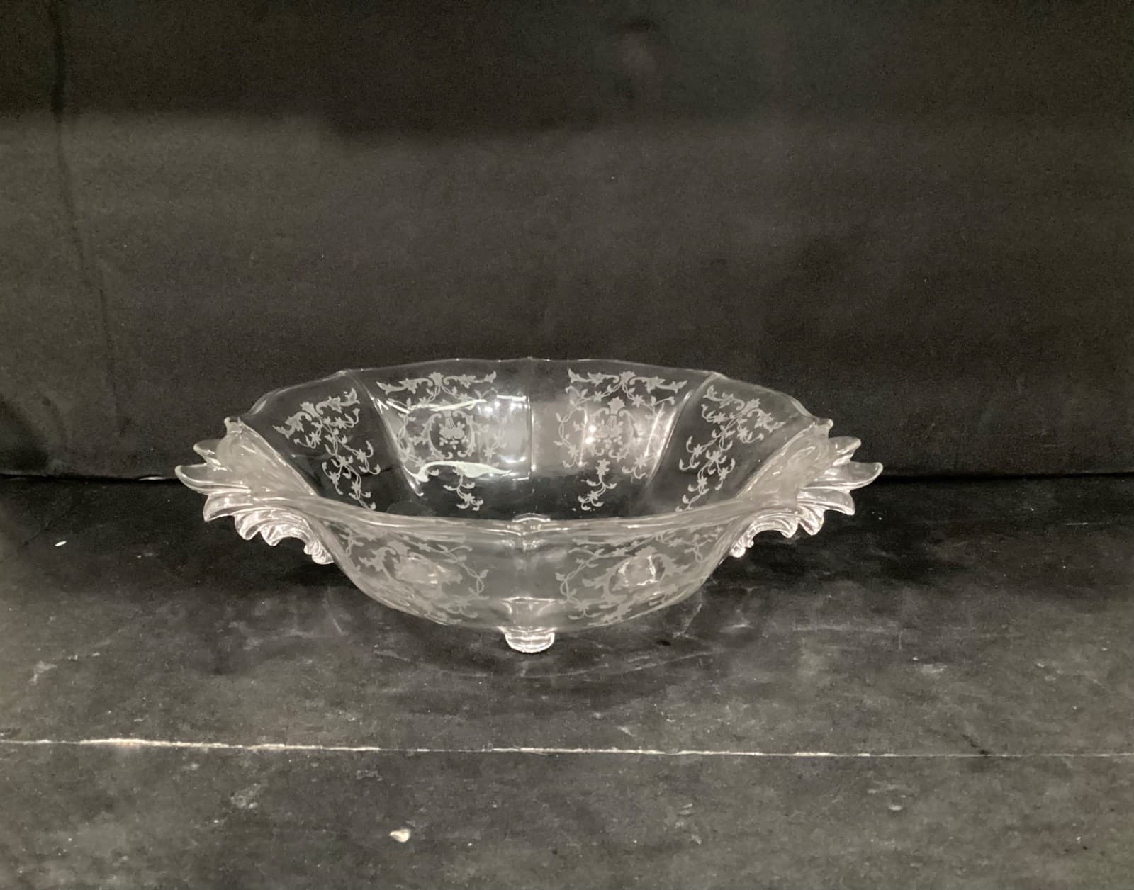 Fostoria Navarre Etched Crystal Glass Bowl with Flame Handles Vintage *