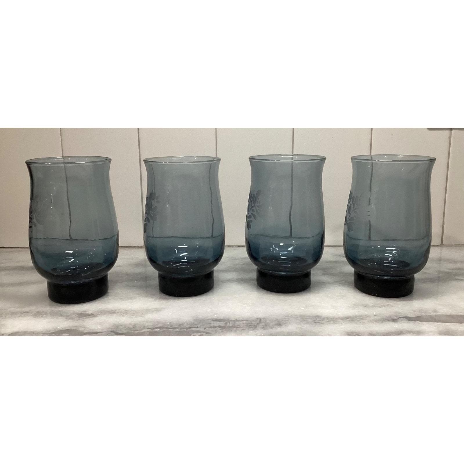 Pfaltzgraff Yorktowne Blue Tumblers, Set of 4, Vintage Etched Floral Design - Thumbnail 6