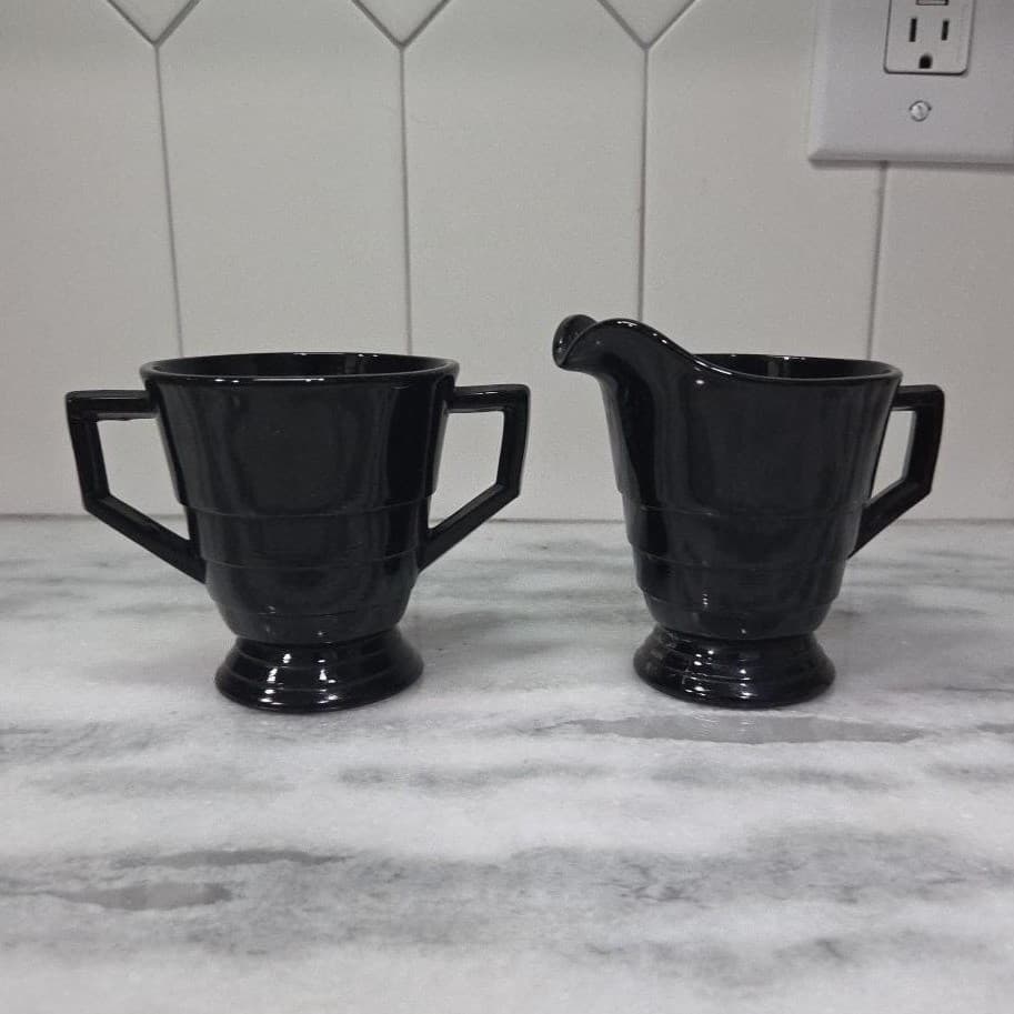 Black Glass Creamer and Sugar Set, Vintage Greek Revival Style Tableware, Decor - Thumbnail 2