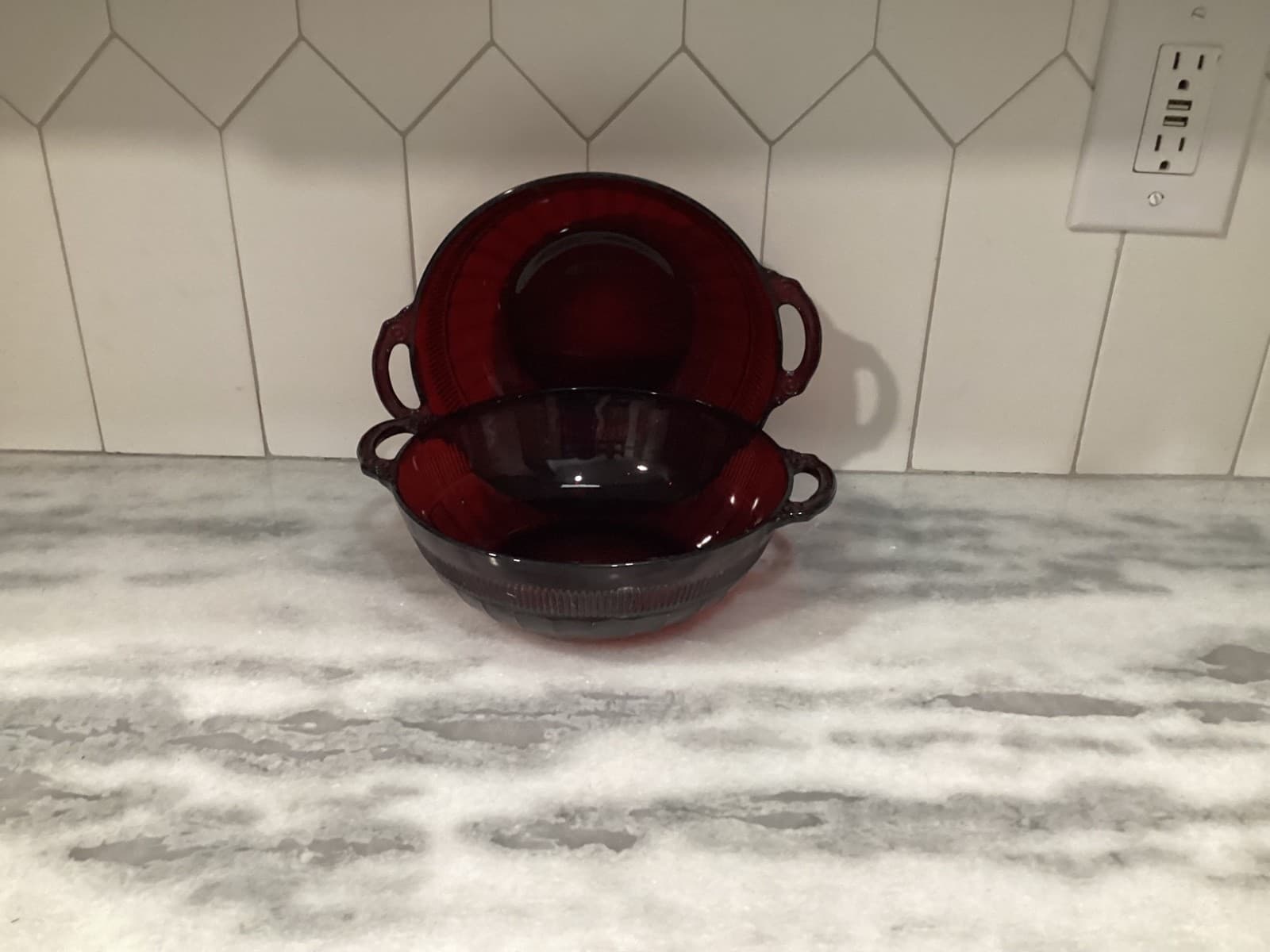Vintage Anchor Hocking Red Glass 8" Royal Ruby Coronation Handled 2 Serving Bowl