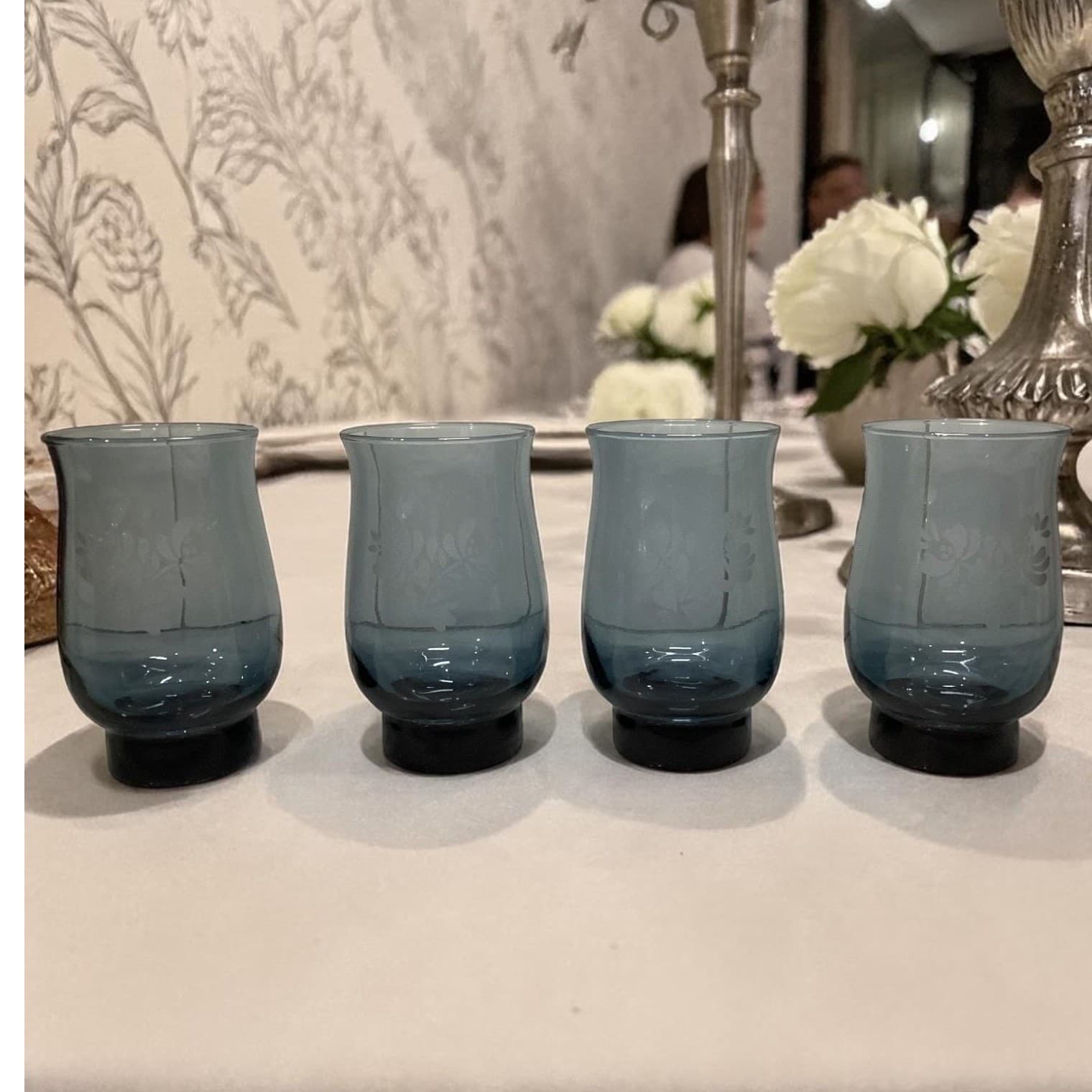 Pfaltzgraff Yorktowne Blue Tumblers, Set of 4, Vintage Etched Floral Design