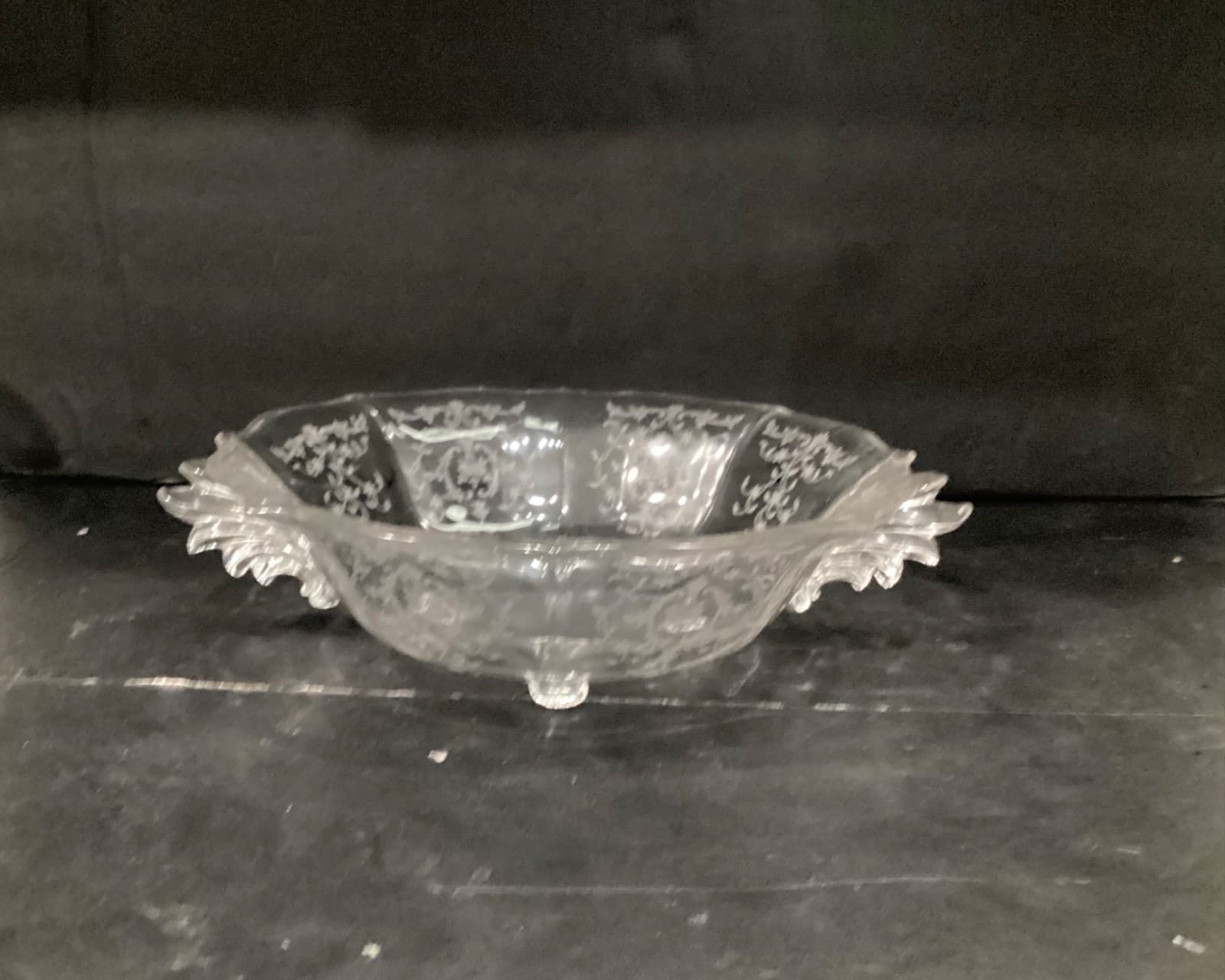 Fostoria Navarre Etched Crystal Glass Bowl with Flame Handles Vintage * - Thumbnail 7