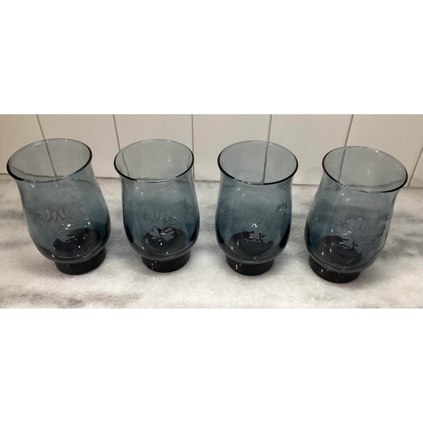 Pfaltzgraff Yorktowne Blue Tumblers, Set of 4, Vintage Etched Floral Design - Thumbnail 7