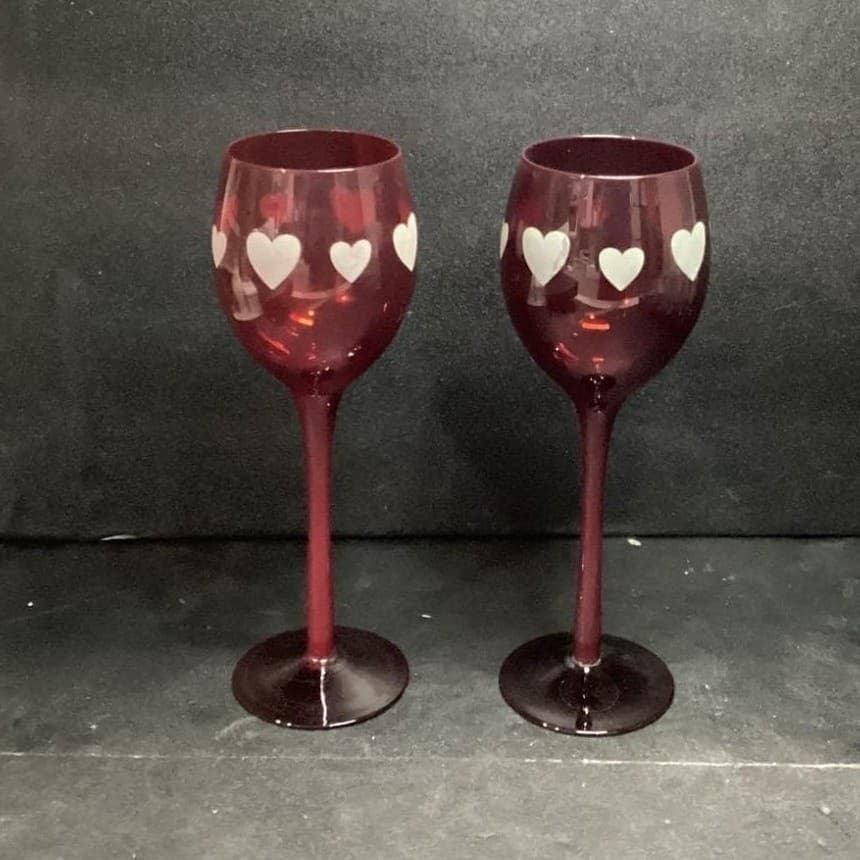 Ruby Red Long Stem Wine Glasses, Set of 2, Frosted Hearts Design, Vtg Stemware - Thumbnail 2