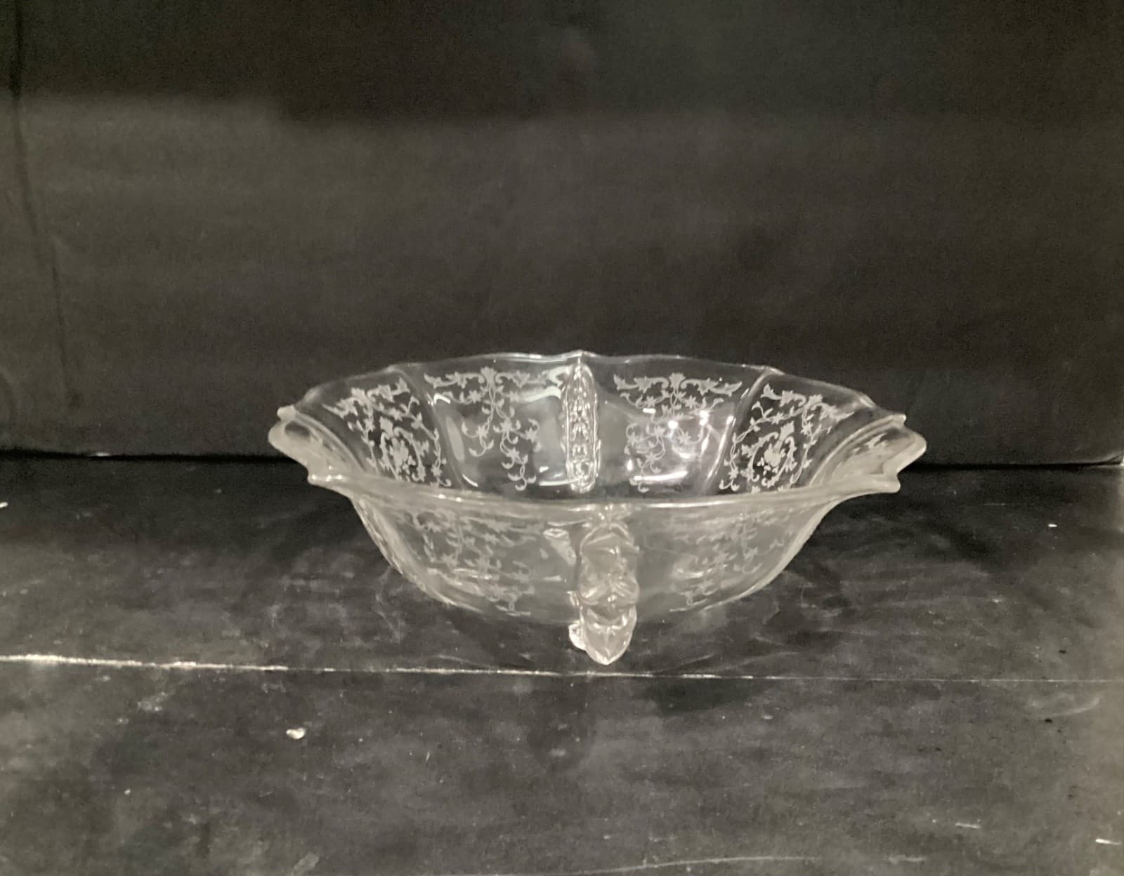 Fostoria Navarre Etched Crystal Glass Bowl with Flame Handles Vintage * - Thumbnail 9