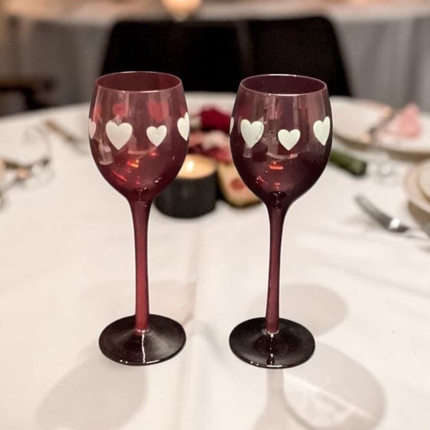 Ruby Red Long Stem Wine Glasses, Set of 2, Frosted Hearts Design, Vtg Stemware